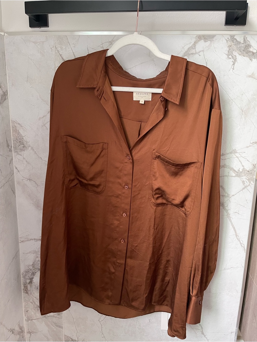 Sezane Satin Button-Up Blouse in Copper